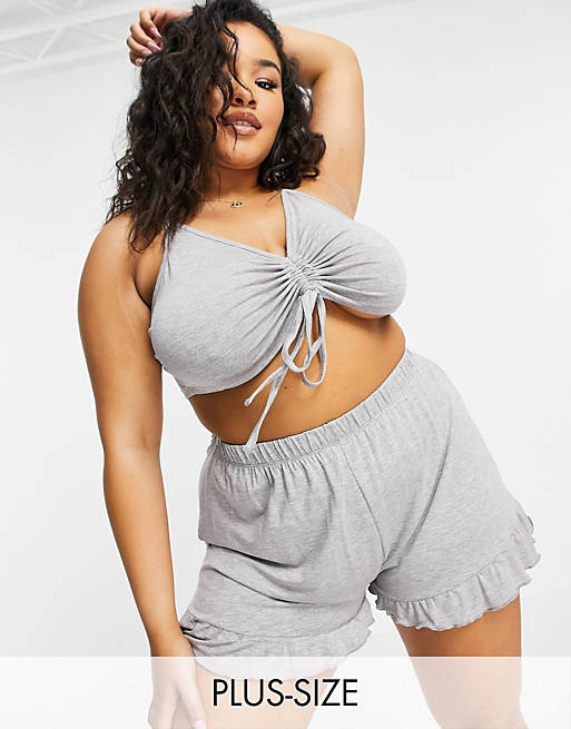 Missguided Plus cami top and frill short pyjamas in grey