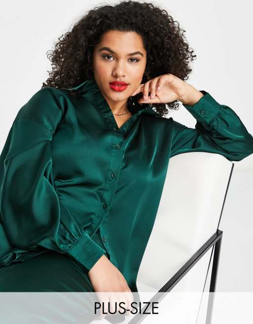 Missguided Plus - Camicia in raso verde scuro in coordinato