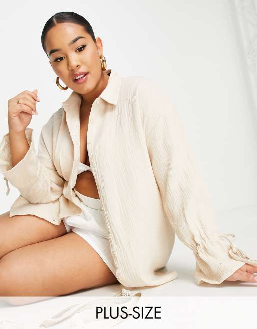 Missguided Plus - Camicia testurizzata color sabbia con allacciatura