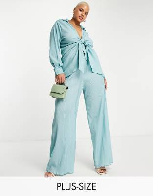 Missguided Plus co-ord crinkle wide leg trouser in blue - ASOS Price Checker