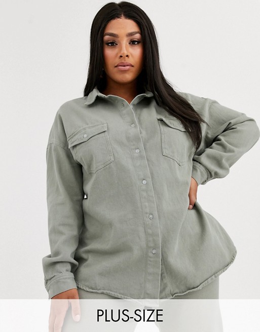 Missguided Plus co-ord denim shirt in sage