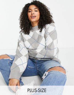 Missguided Plus co-ord diamond check jumper in grey