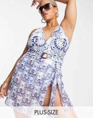 Missguided Plus co-ord sarong in blue porcelain print