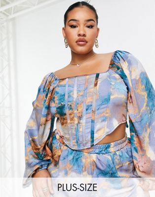 Missguided Plus co-ord satin corset top in blue marble print