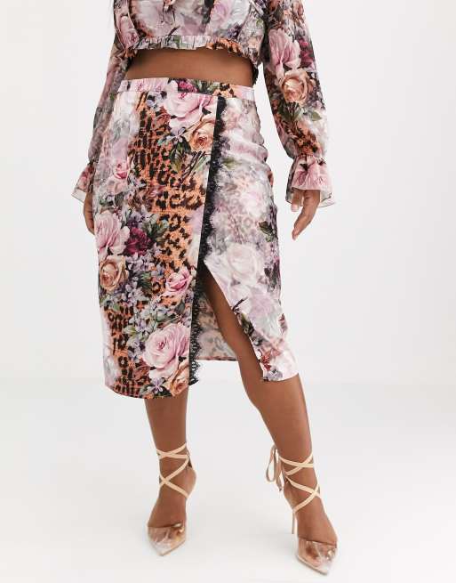 Missguided Plus co ord satin wrap midi skirt with lace trim in floral and leopard mix print