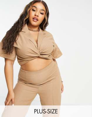 Missguided Plus Missguided Plus co-ord twist front crop top with collar in brown
