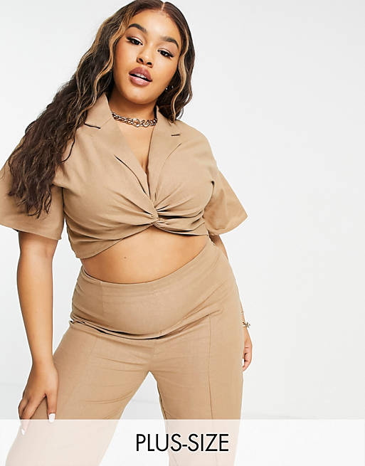 Missguided Plus co-ord twist front crop top with collar in brown