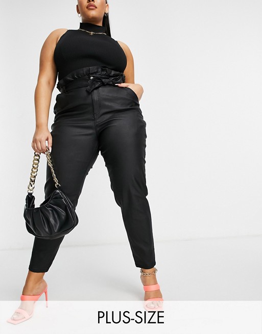 Missguided Plus coated paperbag waist jeans in black