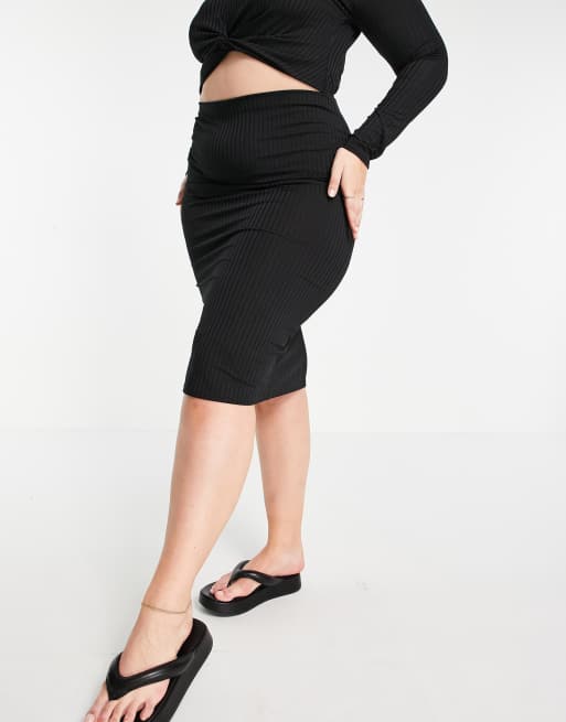 Missguided Plus coordinating ribbed midi skirt in black