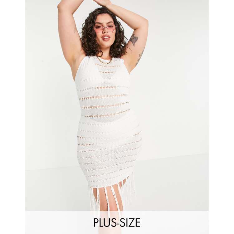 Missguided Plus crochet dress cover up with tassel detail in cream ASOS