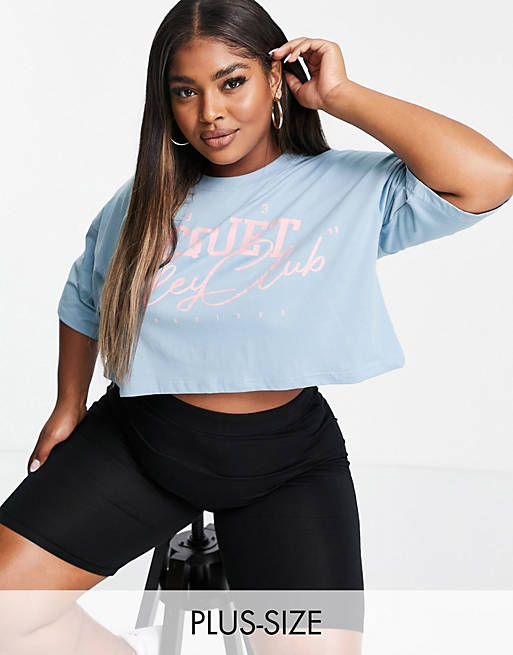 Missguided Plus crop t-shirt with raquet valley club graphic in blue
