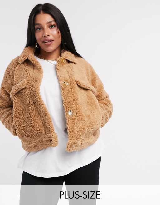 Missguided Plus cropped sherpa jacket in tan ASOS