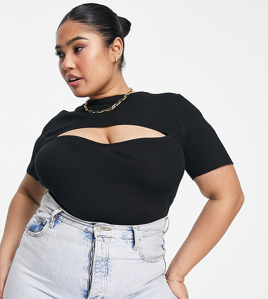 Plus-size bodysuit by Missguided Exclusive to ASOS High neck Short sleeves Cut-out bust panel Thong back Bodycon fit