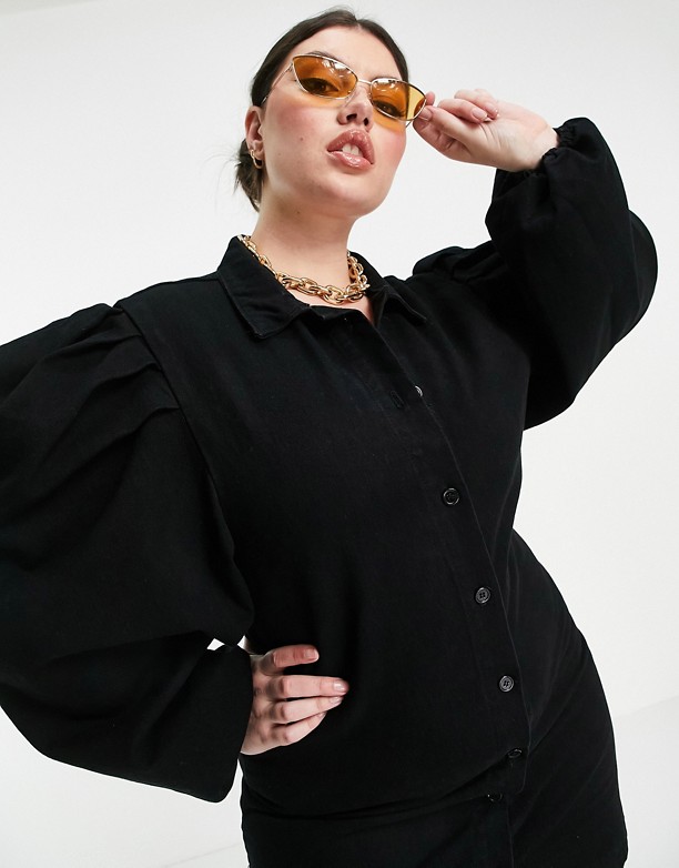 Missguided Plus – Czarna sukienka koszulowa z bufkami Czarny Nowy Najlepszy 