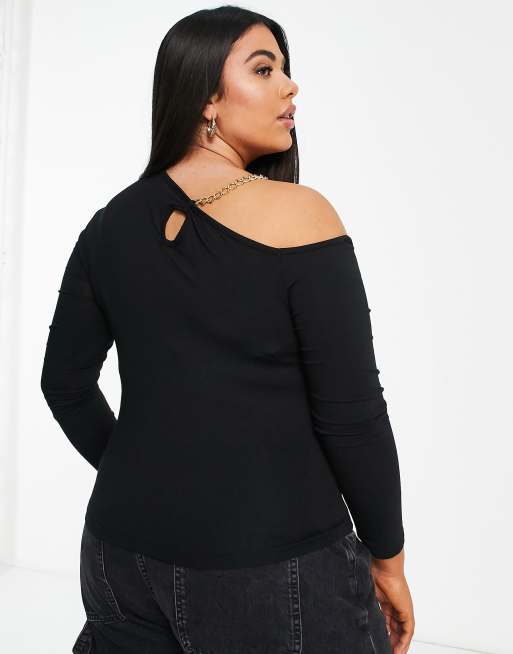 Missguided Plus – Czarny top z długimi rękawami i ozdobnym łańcuszkiem, 2 z 4