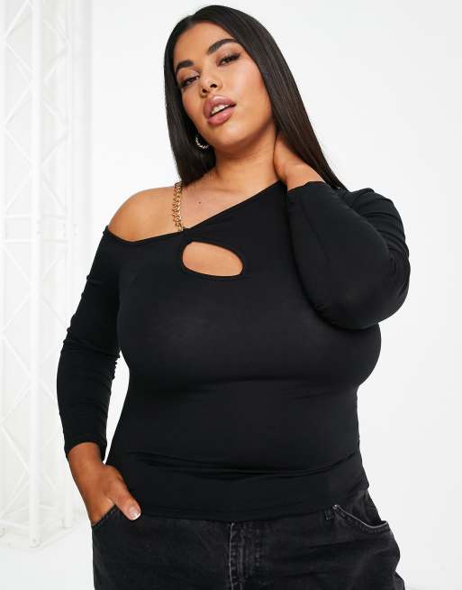 Missguided Plus – Czarny top z długimi rękawami i ozdobnym łańcuszkiem, 3 z 4