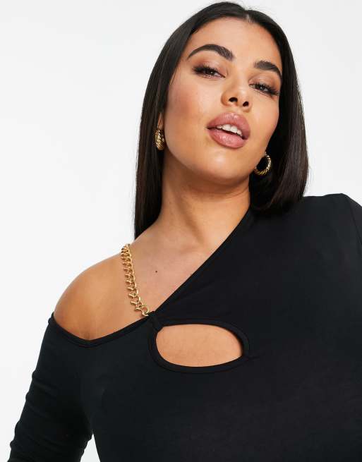Missguided Plus – Czarny top z długimi rękawami i ozdobnym łańcuszkiem, 4 z 4