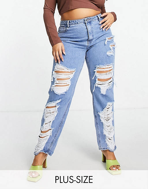 Missguided Plus dad jean with distressed detail in blue