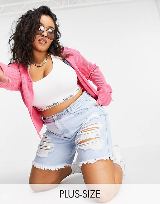 Missguided Plus denim shorts with extreme rips in light blue