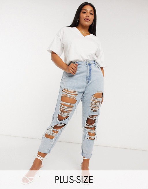 Missguided Plus distressed mom jean in light blue