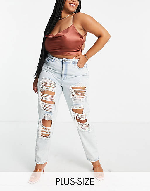 Missguided Plus distressed mom jean in light blue