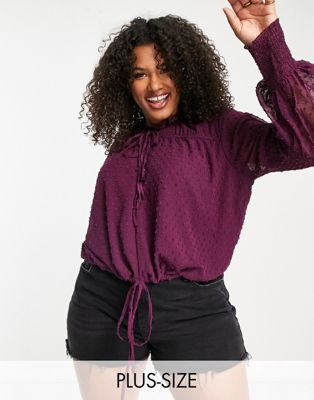 Missguided Plus dobby blouse with shirred sleeve in burgundy - ASOS Price Checker
