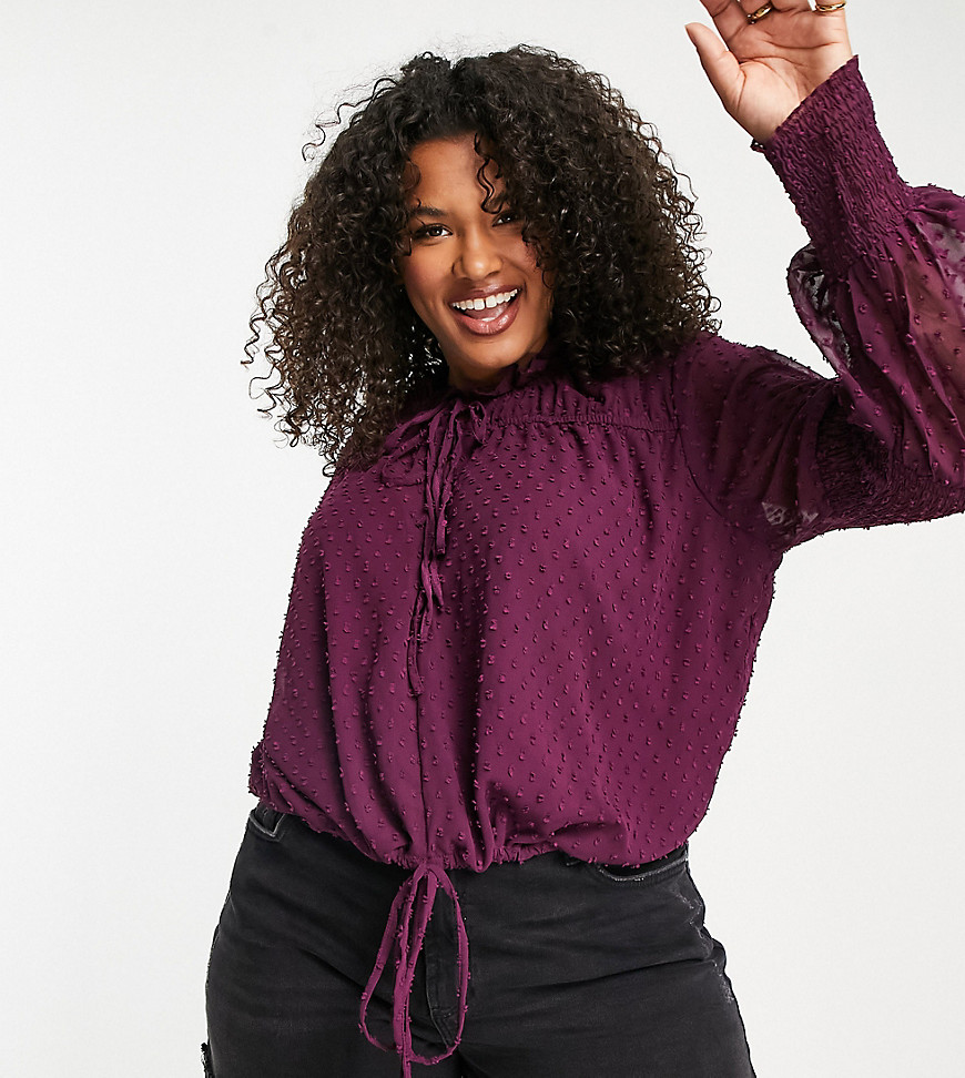 Missguided Plus dobby blouse with shirred sleeve in burgundy