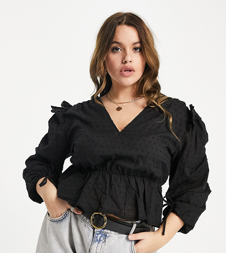Missguided Plus dobby blouse with tie cuff detail in black