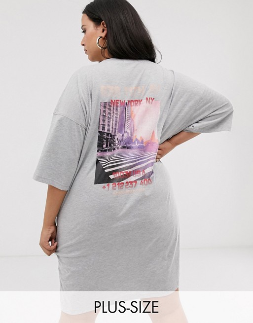 Missguided Plus excluive t-shirt dress with back print in grey