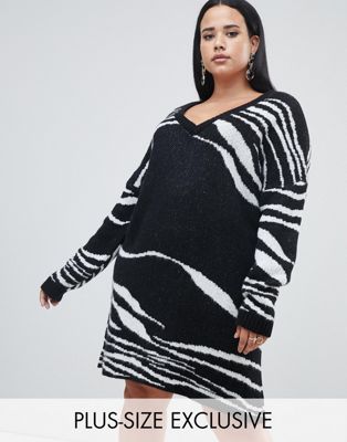 Missguided Plus - Exclusieve gebreide trui-jurk met zebrastrepen in zwart en wit-Multi