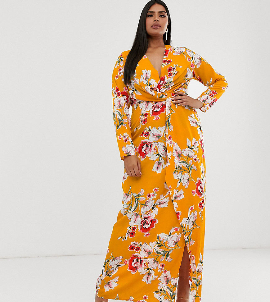 Missguided Plus - Exclusieve lange jurk met dijsplit in geel met bloemenprint