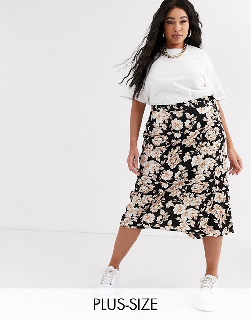 Missguided Plus Exclusive satin wrap midi skirt in floral print