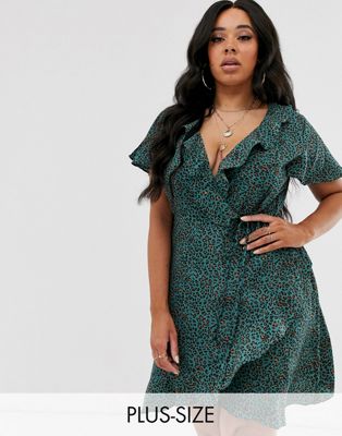 Missguided Plus Exclusive wrap tea dress with frill detail in leopard-Blue