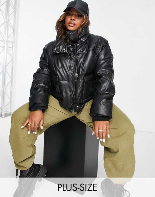 Missguided Plus faux leather padded puffer jacket in black | ASOS