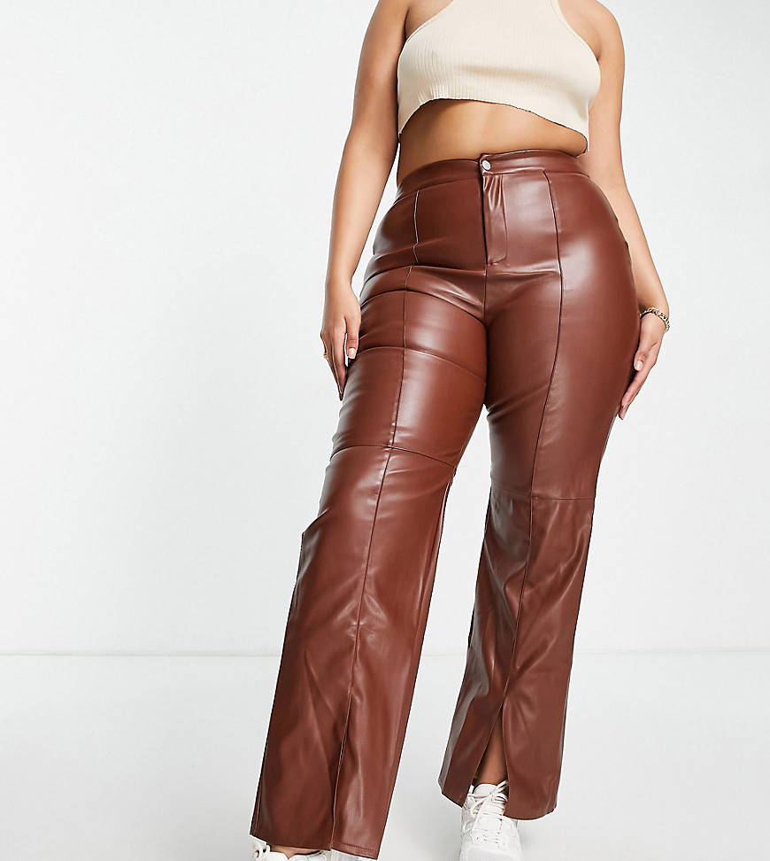 Missguided Plus faux leather split hem pants in brown