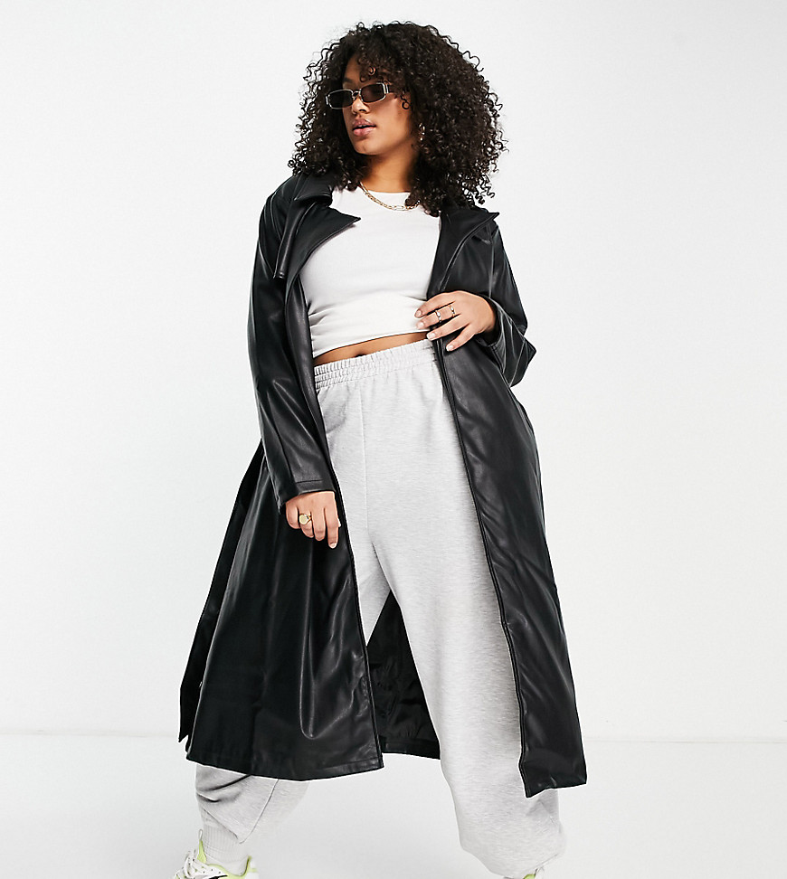 Missguided Plus faux leather trench coat in black