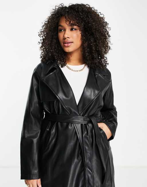 Missguided Plus faux leather trench coat in black