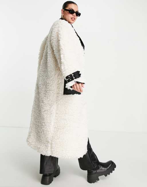 Missguided Plus faux leather trim oversized teddy coat in cream | ASOS