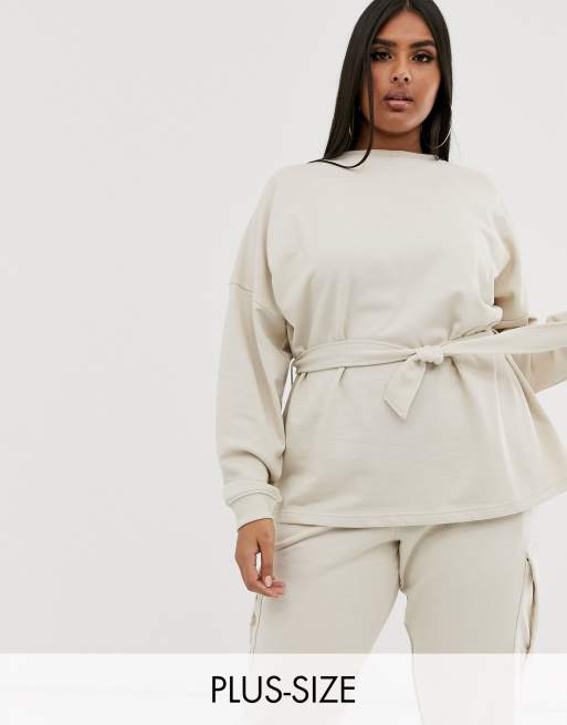Missguided Plus - Coordinato felpa con cintura e joggers beige, 2 di 3
