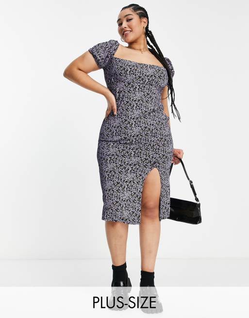 Missguided Plus – Fioletowa sukienka midi typu milkmaid w kwiaty | ASOS