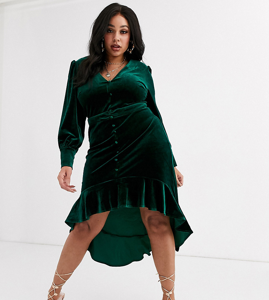 Missguided Plus - Fluwelen jurk met aflopende zoom in groen