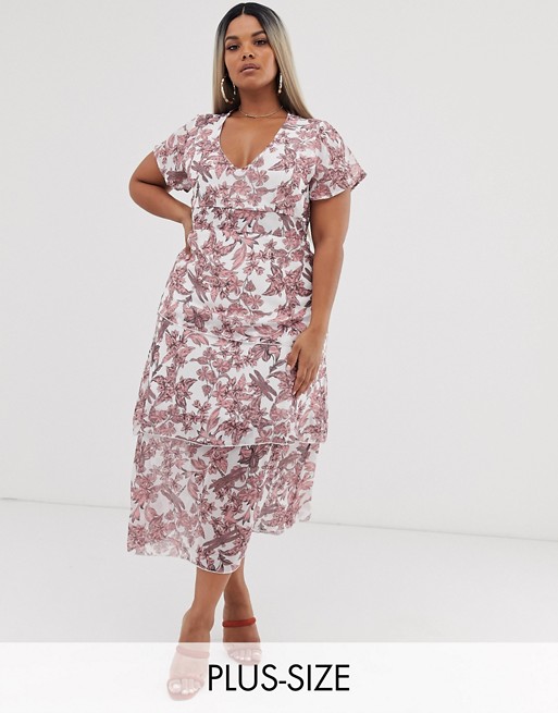 Missguided Plus frill layered midi dress in floral print