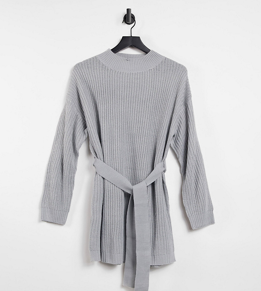 Missguided Plus - Gebreide trui jurk met ceintuur in grijs