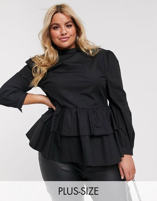 Missguided Plus high neck long sleeve smock top in black | ASOS