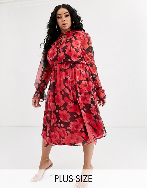 Missguided Plus high neck midi dress in black and red floral