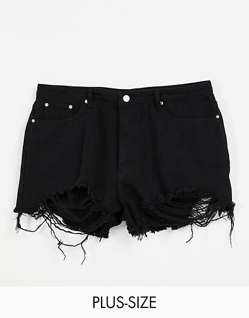 Missguided Plus high waisted denim shorts with frayed hem in black