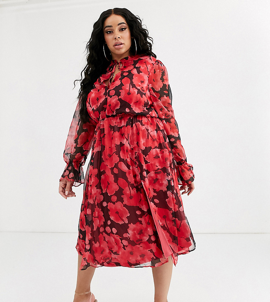 Missguided Plus - Hoogsluitende midi-jurk met bloemenprint in zwart en rood