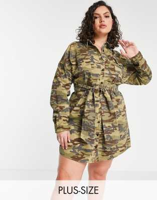 Missguided Plus - Kleid mit Taillenband und Military-Muster-Grün