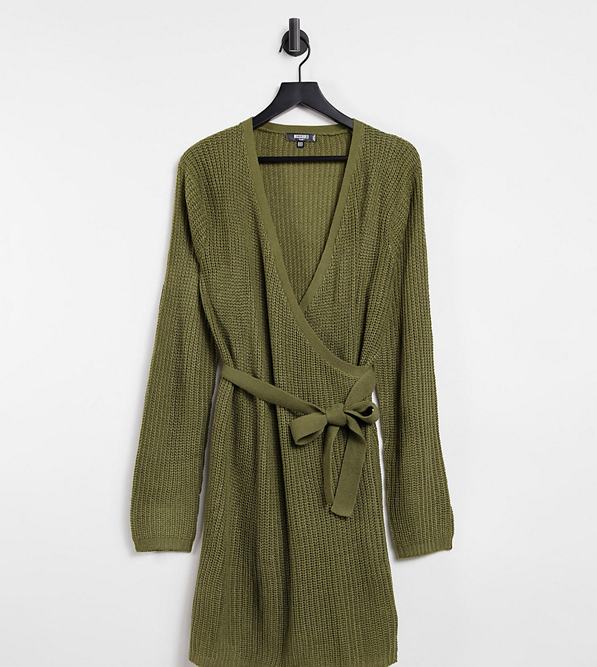 Missguided Plus knit wrap dress with belt in khaki-Green