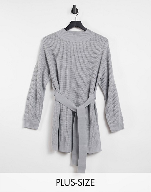 Missguided Plus knitted jumper dress with belt in grey
